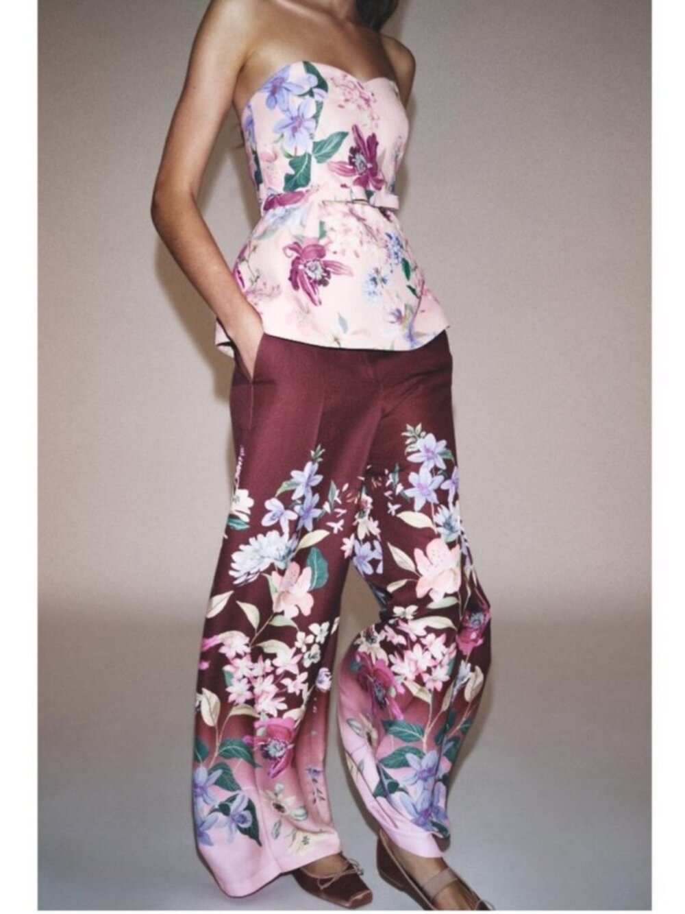 SET // Zara Floral Print Wide Leg Pants & Bustier Top with Belt